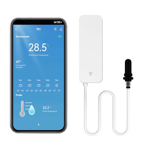 Smart Thermometer Hygrometer, WiFi Temperatursensor mit externer Sonde, Wetterfunktionsthermometer, Feuchtigkeitsmesser für Gefrierschrank, Aquarium, App-Alarm,Fernmonitor, Arbeiten Sie mit Alexa.1PCS von PHOVOLT