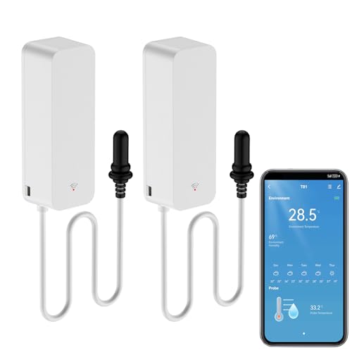 Smart Thermometer Hygrometer, WiFi Temperatursensor mit externer Sonde, Wetterfunktionsthermometer, Feuchtigkeitsmesser für Gefrierschrank, Aquarium, App-Alarm,Fernmonitor, Arbeiten Sie mit Alexa.2PCS von PHOVOLT