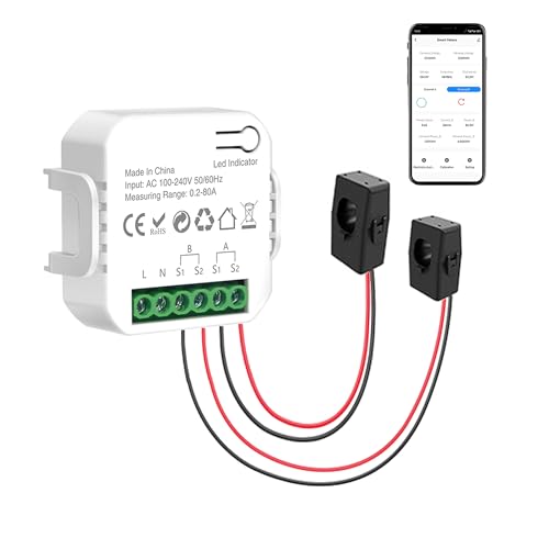 WiFi Smart Stromzähler: Zweikanaliger Smart Home Energiemonitor mit 2 Wege 80A CT-Klemmen, Kalibrierungsfunktion, Tuya Smart Life App-Fernbedienung, Echtzeit-Strommonitor von PHOVOLT