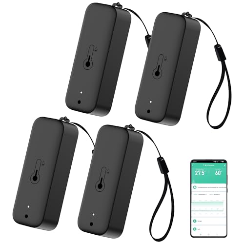 PHOVOLT WiFi-Hygrometer-Thermometer-Sensor – Kabelloser Temperatur- und Feuchtigkeitssensor für den Innen- und Außenbereich mit Remote-App-Benachrichtigung für Gewächshaus und Zuhause, Schwarz, 4 Pack von PHOVOLT