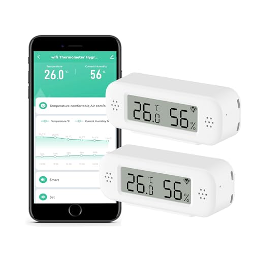 WiFi Thermometer Hygrometer Innen: Smart Temperatursensor, Digitaler Temperatur Feuchtigkeitsmonitor mit Smart App & Datenaufzeichnung, Kompatibel mit Alexa, für Schlafzimmer Gewächshaus Keller (2PC) von PHOVOLT