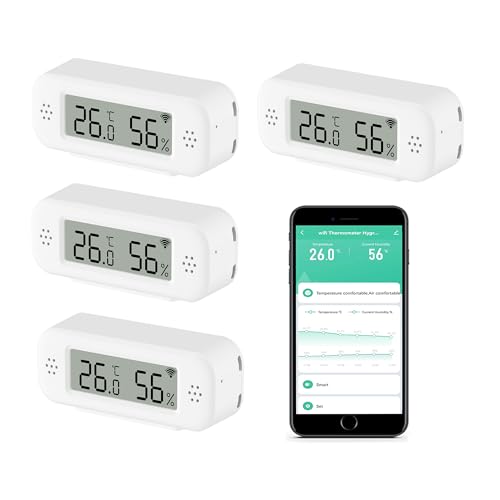 WiFi Thermometer Hygrometer Innen: Smart Temperatursensor, Digitaler Temperatur Feuchtigkeitsmonitor mit Smart App & Datenaufzeichnung, Kompatibel mit Alexa, für Schlafzimmer Gewächshaus Keller (4PC) von PHOVOLT
