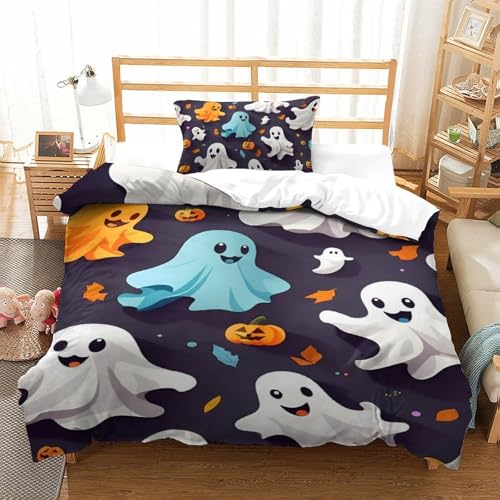PHQAZWSXE Halloween Ghost 3D Bettwäsche Charming Bettbezug Teenager Mit Kissenbezügen Reißverschluss Für Geschenke Für Jungen Und Mädchen Single（135x200cm） von PHQAZWSXE