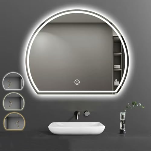 Moderner Rahmenloser Halbrunder Spiegel Mit Licht, Led-badezimmerspiegel,40cm/50cm/60cm/70cm/80cm Wandspiegel, Beleuchteter Spiegel, 3 Farben Dimmbar, Intelligente Touch-steuerung(Size:50CM,Color:B) von PHQCIV