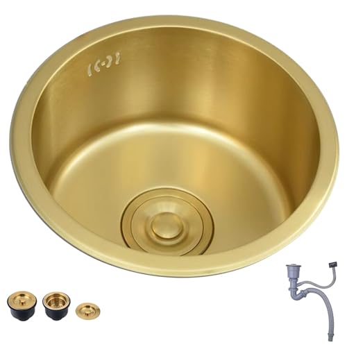 Küchen Goldfarbenes Küchenspülbecken Aus Edelstahl Bartheken-Geschirrspülbecken 32/36/40 Cm Rundes Kleines Waschbecken Einzelwaschbecken Über Und Unter Der Theke Küchenspülen ( Color : Gold , S : 32*3 von PHSP