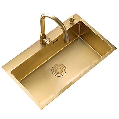 Küchen Großes Einzelbecken In Gold Waschbecken In Mehreren Größen Küchenspüle Zu Hause Edelstahlspüle Mit Wasserhahn Und Zubehör Einfach Zu Säubern Küchenspülen (Color : Gold, Size : 55 * 45cm) von PHSP