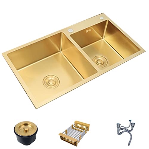 Küchen Küchenspüle Aus Edelstahl In Gold Große Größe Doppelwaschbecken Haushaltsspülbecken Unterbauwaschbecken Einbau-Gemüsespüle Küchenspülen (Color : Gold, S : 80 * 45cm) von PHSP
