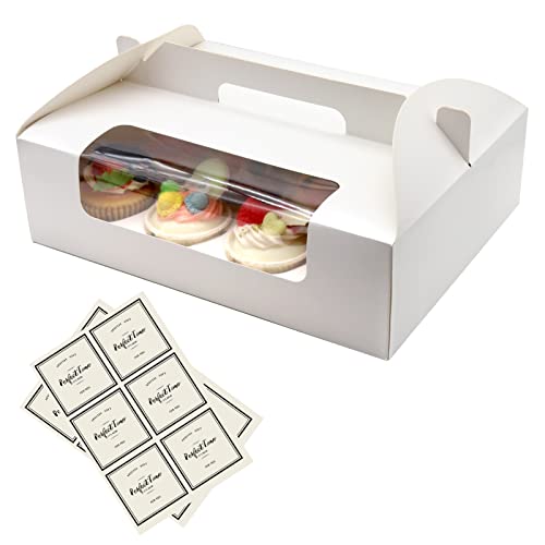 PHULWEL 10 Pack Cupcake Boxen, weiße Cupcake Träger Muffin Boxen Karton, Bäckerei Boxen mit Einsätzen, Griff und PVC-Fenster Passt 12 Hohlraum Cupcake Gebäck, 2 Blätter Klebeetiketten von PHULWEL