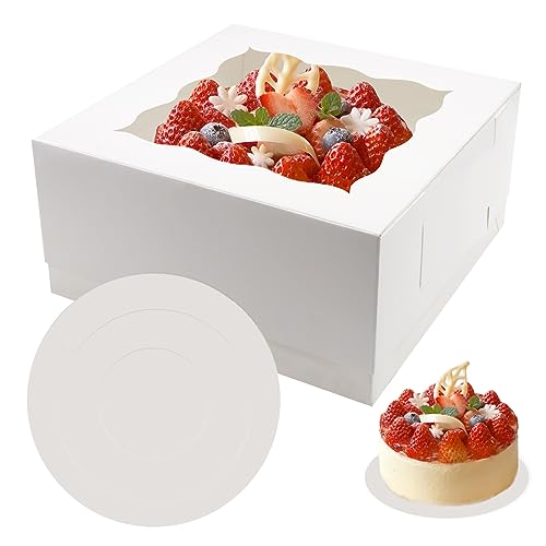 PHULWEL 4 Stück Tortenschachtel 25.4 * 25.4 * 12.7cm mit Tortenbrett für Stufenkuchen, Weiß Tortenkarton mit Kuchenbrett Cake Board, Einweg-Tortenbehälter von PHULWEL