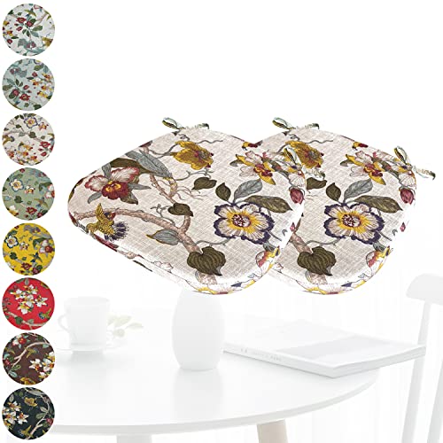 PHUSTJKL 2er Set 43x42cm Sitzkissen mit Bändern für Esszimmerstuhl, 5cm Dick Rutschfestes Waschbar Weiche Atmungsaktiv Flachs Sitzpolster für Gartenstuhl Esszimmerstuhl oder Bürostuhl-Beige Blumen von PHUSTJKL