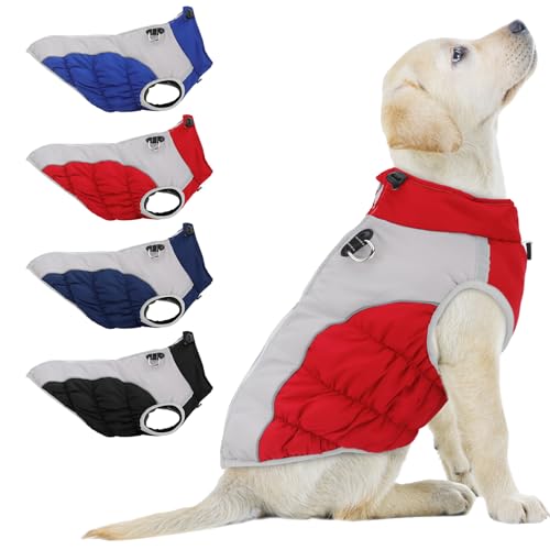 Große Hundeweste Winterwarme Kleidung, Jacke mit Geschirr Warme Haustierweste Hundewinterkleidung Winddichte Hundeschneejacke mit Rückenreißverschluss für kleine mittlere große Hunde(Rot-XL) von PIANG GOUER