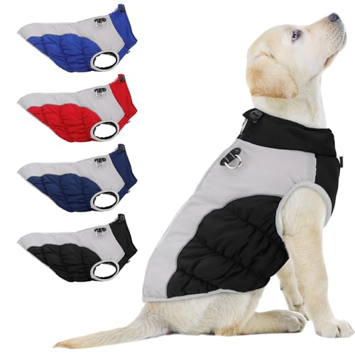 Große Hundeweste Winterwarme Kleidung, Jacke mit Geschirr Warme Haustierweste Hundewinterkleidung Winddichte Hundeschneejacke mit Rückenreißverschluss für kleine mittlere große Hunde(Schwarz-5XL) von PIANG GOUER