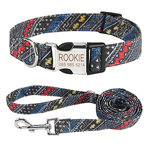 Piang Gouer Personalisierte Hundehalsband Vintage Böhmen Haustierhalsband Benutzerdefinierter Name und Telefonnummer Hundehalsband Tag Katzenhalsbänder für kleine mittelgroße Hunde(Blau-Set-L) von PIANG GOUER