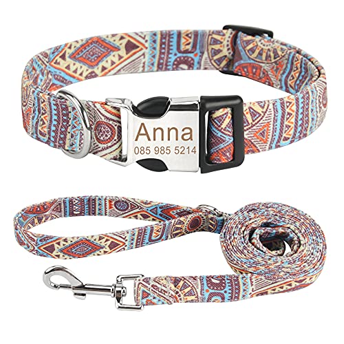 Piang Gouer Personalisierte Hundehalsband Vintage Böhmen Haustierhalsband Benutzerdefinierter Name und Telefonnummer Hundehalsband Tag Katzenhalsbänder für kleine mittelgroße Hunde(Orange-Set-L) von PIANG GOUER