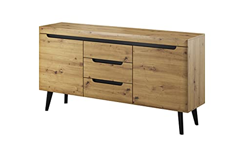 Nordi Oak Kommode, 160 cm, Wohnzimmer-Kommode, Kommode mit Schubladen, skandinavischer Stil, Möbel mit Beinen von PIASKI