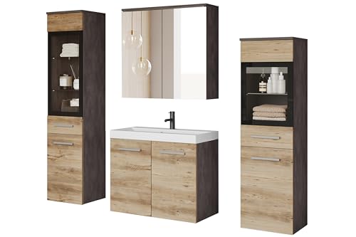 PIASKI Udine Badezimmermöbel-Set, Waschbecken, Badezimmermöbel, Hochschrank, Waschbecken, Spiegel, Glasschrank, Siphon und Waschbecken im Lieferumfang enthalten (Couch/Kastanie) von PIASKI