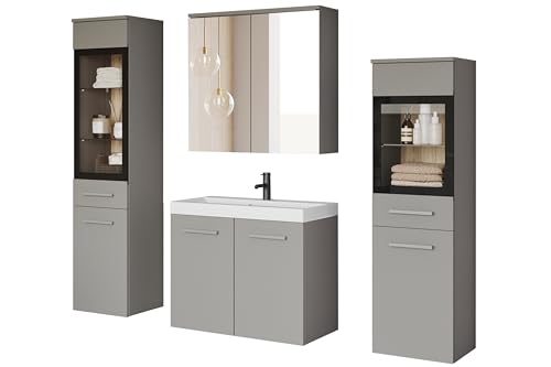 PIASKI Udine Badezimmermöbel-Set, Waschbecken, Badezimmermöbel, Hochschrank, Waschbecken, Spiegel, Glasschrank, Siphon und Waschbecken im Lieferumfang enthalten (Mattgrau) von PIASKI