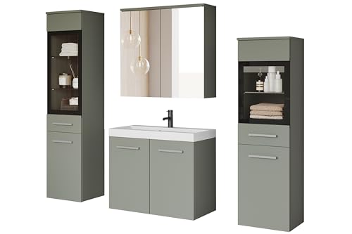 PIASKI Udine Badezimmermöbel-Set, Waschbecken, Badezimmermöbel, Hochschrank, Waschbecken, Spiegel, Glasschrank, Siphon und Waschbecken im Lieferumfang enthalten (Nebelgrün) von PIASKI