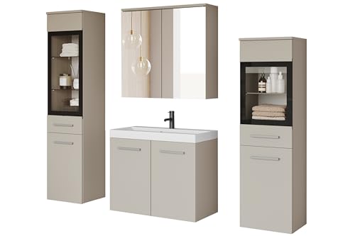 PIASKI Udine Badezimmermöbel-Set, Waschbecken, Badezimmermöbel, Hochschrank, Waschbecken, Spiegel, Glasschrank, Siphon und Waschbecken inklusive (Cashmir LED) von PIASKI