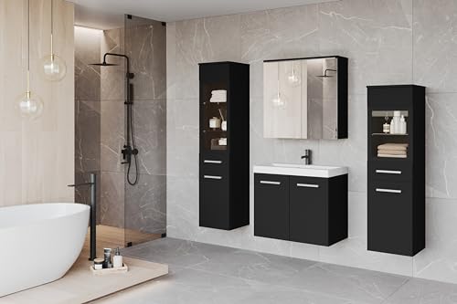 PIASKI Udine Badezimmermöbel-Set Mit Waschbecken, Hochschrank, Spiegel, Glasschrank, Siphon (Mattschwarz) von PIASKI