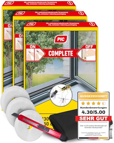 PIC Fliegengitter Fenster Schwarz 3er Pack130x150cm -Insektenschutz Fenster Fliegengitter, Mückennetz Fenster, Moskitonetz Fenster, Mückenschutz Fenstergitter mit Klettband Cuttermesser Reinigungstuch von PIC