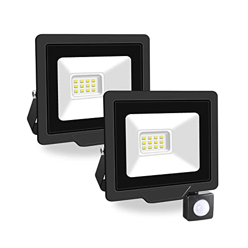 PICAA 10W LED Strahler mit Bewegungsmelder Außen,1000LM Außenstrahler 6000K Kaltweiß Scheinwerfer, IP65 Wasserdicht Fluter, Ideale Aussenleuchte für Garten, Innenhöfe, Garage, Haus, Hotel (2 Stück) von PICAA