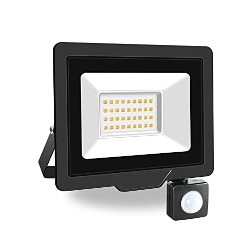 PICAA 30W LED Strahler mit Bewegungsmelder Außen,3000LM Außenstrahler 4000K Warmweiß Scheinwerfer, IP65 Wasserdicht Fluter, Ideale Aussenleuchte für Garten, Innenhöfe, Garage, Haus, Hotel (1 Stück) von PICAA