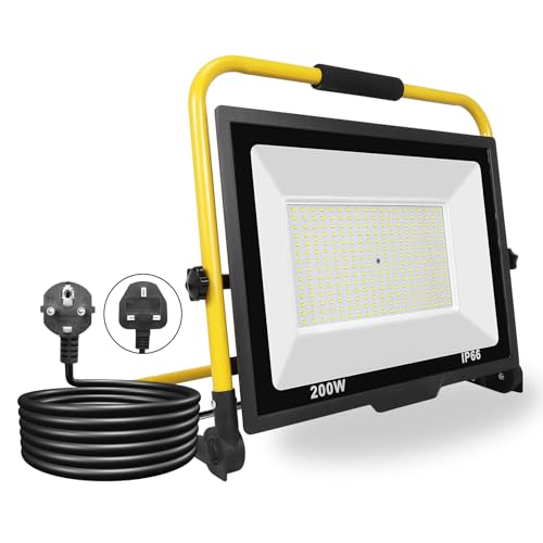 PICAA Baustrahler, 200W LED Flutlicht 20000LM Kaltweiß Tragbare LED Arbeitsleuchte IP66 Wasserdicht Arbeitslicht Arbeitsscheinwerfer für Werkstatt Baustelle Garage 6500K von PICAA