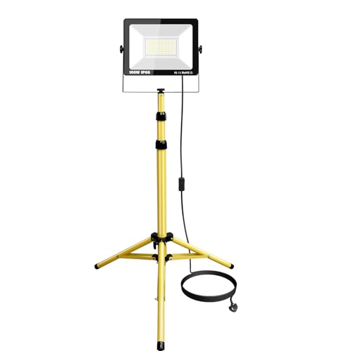 PICAA LED Baustrahler 1X100W Kaltweiß mit Stativ, 10000 Lumen LED Fluter Arbeitsscheinwerfer Wasserdicht IP66 für Innen-und Außenbereich - Garage, Garten, Sportplatz, Baustelle 6500K (40-76 Zoll) von PICAA
