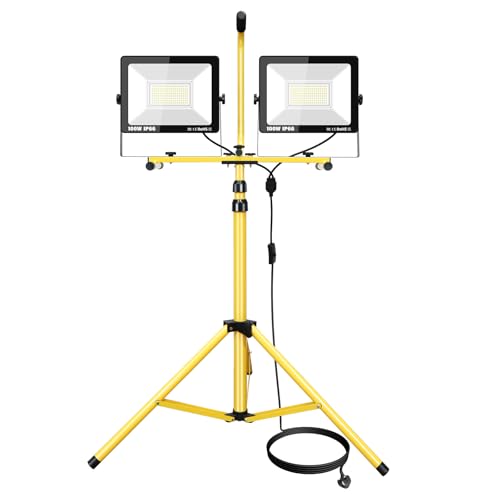 PICAA LED Baustrahler mit Stativ 2x 100W(200W) Kaltweiß Bauscheinwerfer, LED Fluter Arbeitsscheinwerfer Wasserdicht IP66 für Garage, Garten, Baustelle von PICAA