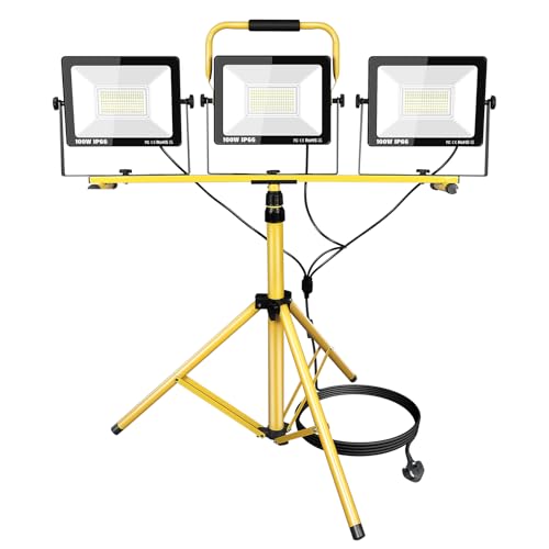 PICAA LED Baustrahler mit Stativ 3x 100W(300W) Kaltweiß Bauscheinwerfer, LED Fluter Arbeitsscheinwerfer Wasserdicht IP66 für Garage, Garten, Baustelle von PICAA