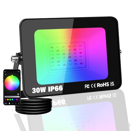 PICAA Led Außenstrahler, 30W Smart RGB LED Flutlicht 3000LM IP66, Kabellose APP-Steuerung, Musik-Sync, Timer, Szenenmodi,16 Millionen Farben, Timer für Garten Party & Disco mit EU Stecker (1 Stück) von PICAA