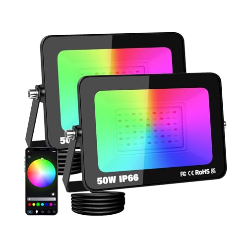 PICAA Led Außenstrahler, 50W Smart RGB LED Flutlicht 5000LM IP66, Kabellose APP-Steuerung, Musik-Sync, Timer, Szenenmodi,16 Millionen Farben, Timer für Garten Party & Disco mit EU Stecker (2 Stück) von PICAA