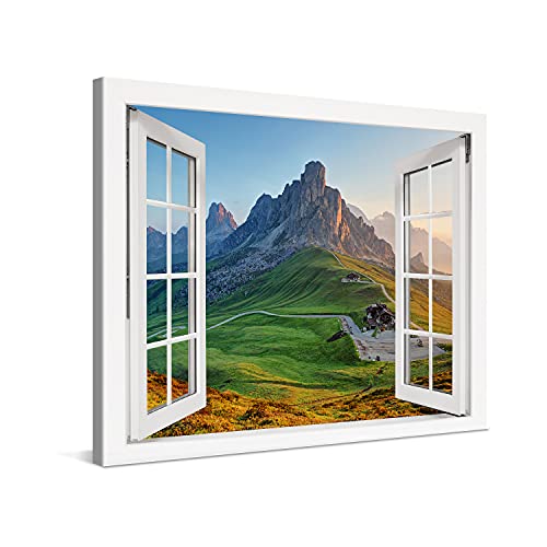 PICANOVA – Bild auf Leinwand Felsiger Berg Fenster 80x60cm Leinwandbild – Premium Leinwanddruck – Wandbild Kunstdruck Auf 2cm Holz-Keilrahmen Wohnzimmer Wanddekoration – Berge von PICANOVA
