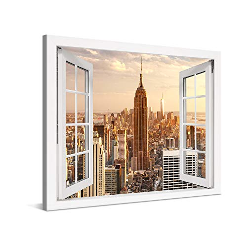 PICANOVA – Bild auf Leinwand Manhattan Empire State Building Fenster 100x75cm – Leinwandbild – Premium Leinwanddruck – Wandbild Kunstdruck Auf 2cm Holz-Keilrahmen Wohnzimmer Wanddekoration – New York von PICANOVA