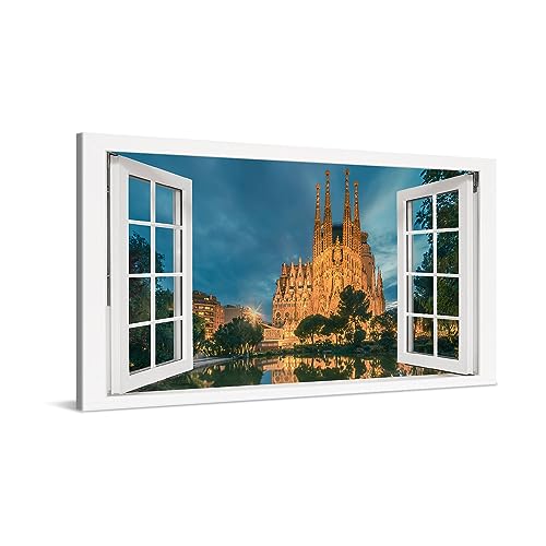 PICANOVA – Leinwandbild 100x50cm Sagrada Familia Barcelona Fenster – Leinwanddruck – Wandbild Kunstdruck Auf 2cm Holz-Keilrahmen Für Schlaf- Und Wohnzimmer Wanddekoration – Bild auf Leinwand von PICANOVA