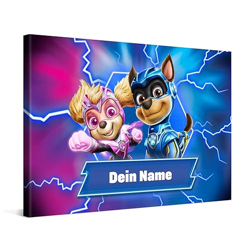 PICANOVA – PAW Patrol – Der Mighty Kinofilm Chase & Skye 60x40cm Premium-Leinwand-Kunstdruck – Leinwanddruck mit Babynamen – Personalisierte Leinwand – Baby–Geschenk Leinwandbild von PICANOVA