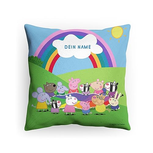 PICANOVA Peppa Wutz Kissen mit Name - Plüsch Dekokissen mit Füllung - Personalisiertes Peppa Wutz Kopfkissen für Kinder - Individuell Geschenk für Kinder - Freunde Regenbogen - 40x40cm von PICANOVA