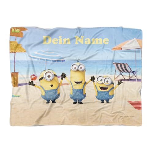 PICANOVA Personalisierte Minions Decke mit Name 200x150cm - Premiumqualität Kuscheldecke für Kinder - Weich Fleece Decke - Geschenk für Fans der Ich - Einfach unverbesserlich - Minions Beach Day von PICANOVA