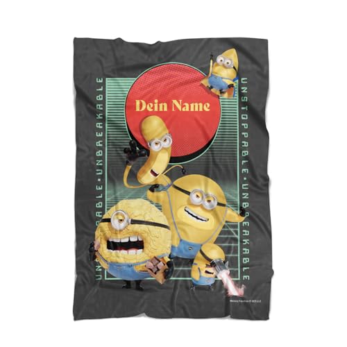 PICANOVA Personalisierte Minions Decke mit Name 200x150cm - Weiche Kuscheldecke für Kinder - Weich Fleecedecke - Geschenk für Fans von Despicable Me - Superpower Minions von PICANOVA