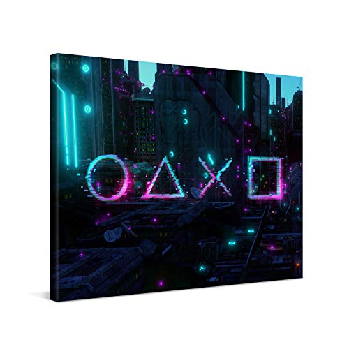 PICANOVA – Premium Leinwanddruck – Leinwandbild Cyberpunk City 80x60cm – Kunstdruck Auf 2cm Holz-Keilrahmen Für Schlaf- Und Wohnzimmer – Kollektion Gaming Console Gamepad Symbols von PICANOVA