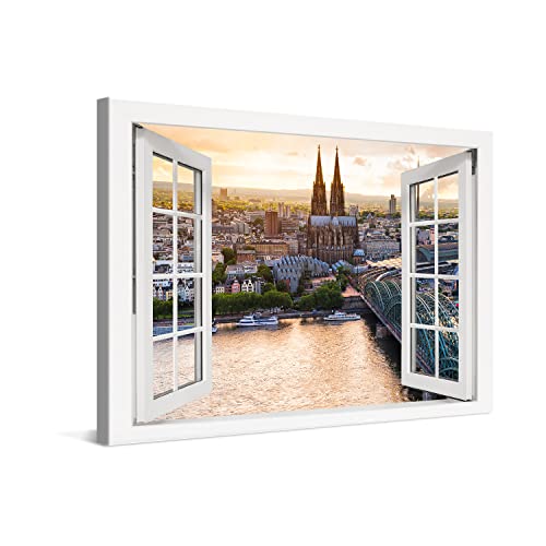 PICANOVA – Premium Leinwanddruck – Leinwandbild Köln Panorama Kölner Dom im Fenster 60x40cm – Kunstdruck Auf 2cm Holz-Keilrahmen Für Schlaf- Und Wohnzimmer – Kollektion Deutschland von PICANOVA