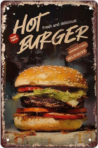 PICFORT Metallschild "Enjoy Our Hot Burger", Vintage-Restaurant-Burger-Schild für die Küche oder Männerhöhle, unvergesslicher Geschmack, Geschenk für Damen und Herren, 20,3 x 14,9 cm, Blechschild von PICFORT