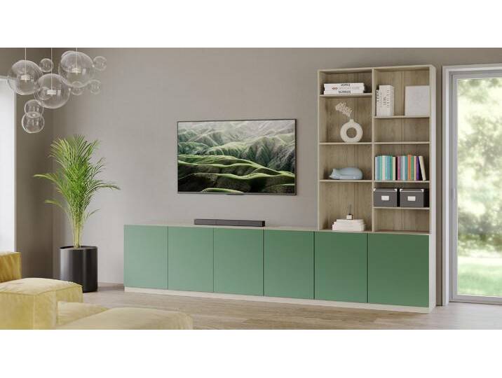 Regalsystem mit Materialmix - Bücherregal mit bunten Türen - Maßanfertigung Eiche Regalsystem mit Materialmix - Bücherregal mit bunten Türen - Maßanfertigung Eiche von PICKAWOOD