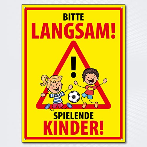 Hochwertiges Schild - Aluminiumverbundplatte " BITTE LANGSAM! SPIELENDE KINDER " 400 x 300 mm rechteckig | Vorsicht Kinder spielen | Autofahrer langsam fahren | Hinweisschild gelb rot von PG PICO signs SCHILDER UND MEHR