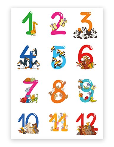 Hochwertiges Lernposter für Kinder Tierische Zahlen, 70 cm breit x 100 cm hoch, Dekoration, Kunstdruck, Wandbild, Fineartprint, Wandposter Poster für Kinderzimmer, Zahlenposter, Zählen lernen Poster von Deqosy