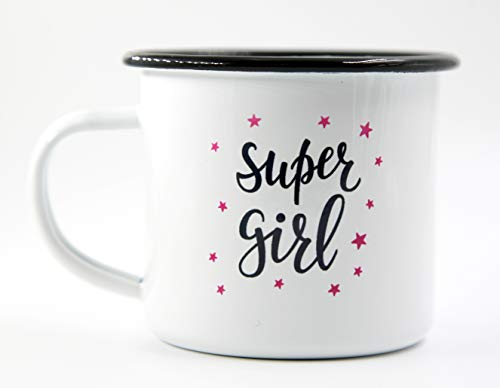 PICSonPAPER Emaille Tasse Spruch Super Girl, Geschenk, Edelstahl-Becher, Metall-Tasse, Campingbecher, Kaffeetasse von Deqosy