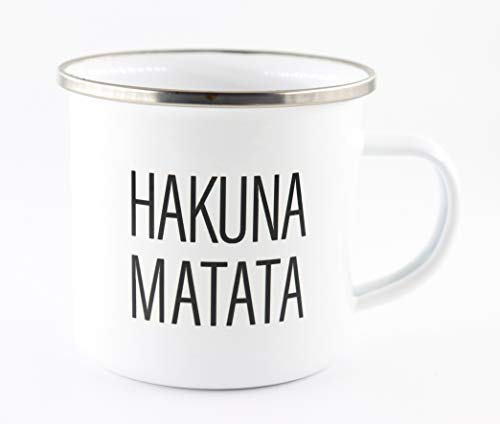 PICSonPAPER Emaille Tasse mit Schriftzug Hakuna Matata, Geschenk, Edelstahl-Becher, Metall-Tasse, Campingbecher, Kaffeetasse von PICSonPAPER