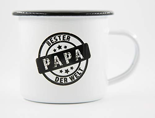 PICSonPAPER Emaille Tasse mit Spruch Bester Papa der Welt, Geschenk, Edelstahl-Becher, Metall-Tasse, Kaffeetasse von PICSonPAPER