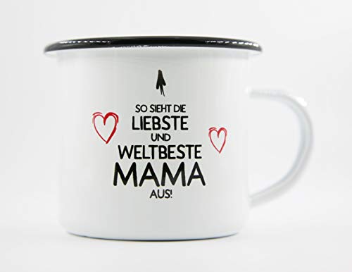 PICSonPAPER Emaille Tasse mit Spruch So Sieht die liebste und Weltbeste Mama aus, Geschenk, Edelstahl-Becher, Metall-Tasse, Muttertagsgeschenk von PICSonPAPER